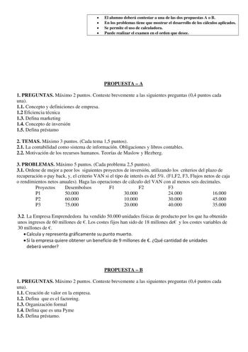 El alumno deberá contestar a una de las dos propuestas A o B  En los problemas tiene que mostrar el desarrollo de los cálculos aplicados  Se permite el uso de calculadora  Puede realizar el examen en el orden que desee PROPUESTA  A 1 PREGUNTAS Máximo 2 puntos Conteste brevemente a las siguientes preguntas 04 puntos cada una 11 Concepto y definiciones de empresa 12 Eficiencia técnica 13 Defina marketing 14 Concepto de inversión 15 Defina préstamo 2 TEMAS Máximo 3 puntos Cada tema 15 puntos 21 La…