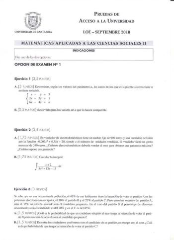 Examen de Matemáticas Aplicadas a las Ciencias Sociales (PAU de 2010)
