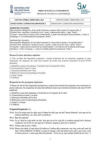 Literatura Dramática – PAU Comunidad Valenciana (2026)