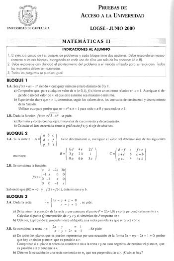 Examen de Matemáticas II (selectividad de 2000)