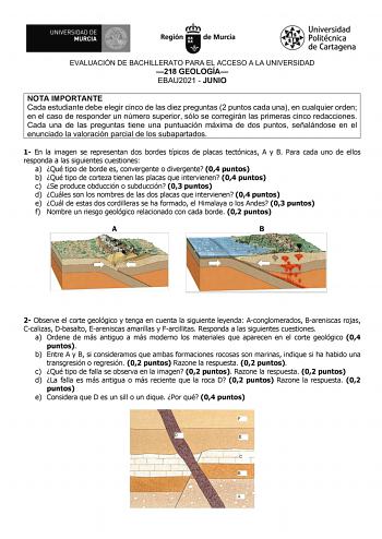 EVALUACIÓN DE BACHILLERATO PARA EL ACCESO A LA UNIVERSIDAD 218 GEOLOGÍA EBAU2021  JUNIO NOTA IMPORTANTE Cada estudiante debe elegir cinco de las diez preguntas 2 puntos cada una en cualquier orden en el caso de responder un número superior sólo se corregirán las primeras cinco redacciones Cada una de las preguntas tiene una puntuación máxima de dos puntos señalándose en el enunciado la valoración parcial de los subapartados 1 En la imagen se representan dos bordes típicos de placas tectónicas A…