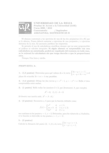 Examen de Matemáticas II (PAU de 2010)