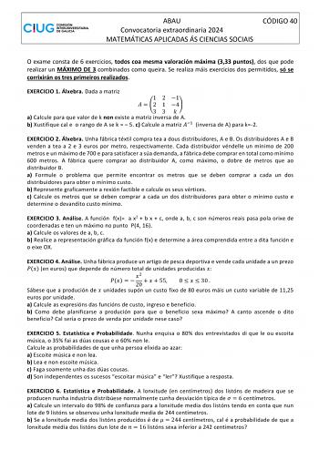 Examen de Matemáticas Aplicadas a las Ciencias Sociales (ABAU de 2024)