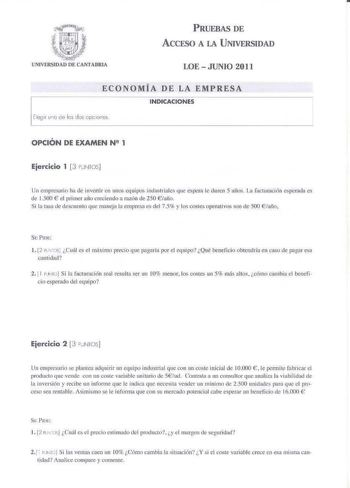 Examen de Economía de la Empresa (PAU de 2011)