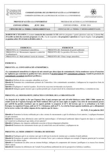 Examen de Ciencias de la Tierra y Medioambientales (PAU de 2014)