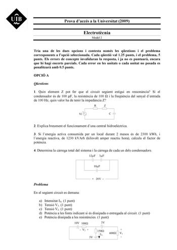 Examen de Electrotecnia (selectividad de 2009)