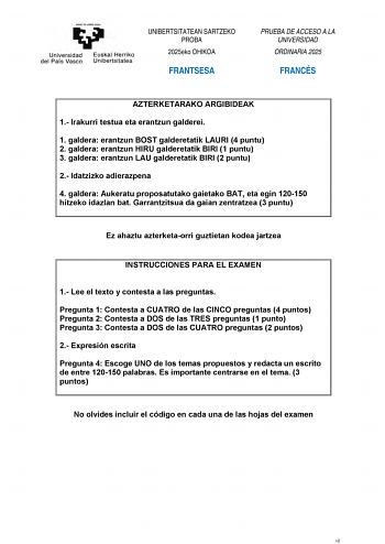 Examen de Francés (EAU de 2025)