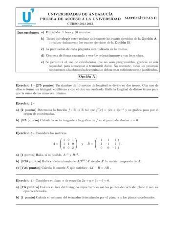 Examen de Matemáticas II (PAU de 2013)