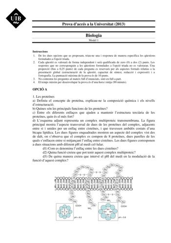 UIB M Prova daccés a la Universitat 2013 Biologia Model 1 Instruccions 1 De les dues opcions que us proposam triaune una i responeu de manera específica les qestions formulades a lopció triada 2 Cada qestió es valorar de forma independent i ser qualificada de zero 0 a dos 2 punts Les respostes que no corresponguin a les qestions formulades a lopció triada no es valoraran Una proporció fins a 025 punts de cada pregunta es reservar per als aspectes formals relatius a la presentació global estruct…