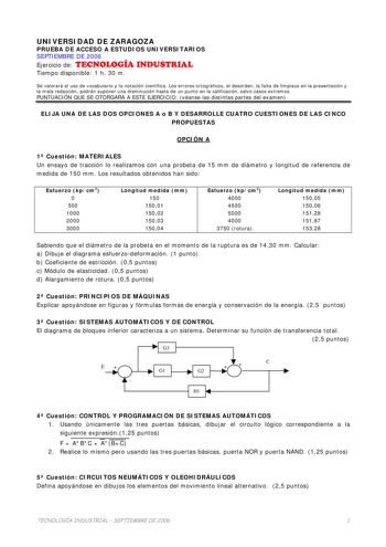 UNIVERSIDAD DE ZARAGOZA PRUEBA DE ACCESO A ESTUDIOS UNIVERSITARIOS SEPTIEMBRE DE 2006 Ejercicio de TECNOLOGÍA INDUSTRIAL Tiempo disponible 1 h 30 m Se valorará el uso de vocabulario y la notación científica Los errores ortográficos el desorden la falta de limpieza en la presentación y la mala redacción podrán suponer una disminución hasta de un punto en la calificación salvo casos extremos PUNTUACIÓN QUE SE OTORGARÁ A ESTE EJERCICIO véanse las distintas partes del examen ELIJA UNA DE LAS DOS OP…