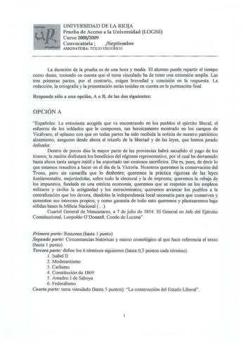 Examen de Historia de España (selectividad de 2009)