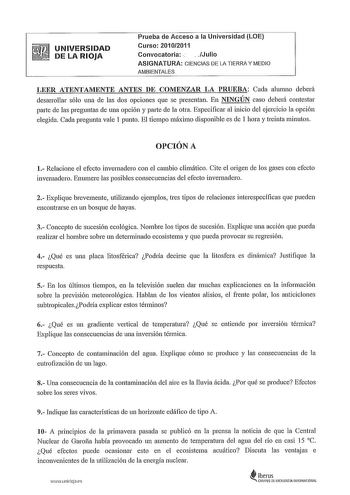 Examen de Ciencias de la Tierra y Medioambientales (PAU de 2011)