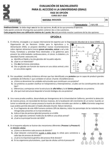 EVALUACIÓN DE BACHILLERATO PARA EL ACCCESO A LA UNIVERSIDAD EBAU FASE DE OPCIÓN CURSO 20172018 MATERIA BIOLOGÍA 3 Convocatoria J U L I O Instrucciones Se debe elegir una de las dos opciones A o B de las que presenta el ejercicio Cada opción consta de 10 preguntas que podrán contener dos o más cuestiones Cada pregunta tiene una calificación máxima de 1 punto No está permitido mezclar cuestiones de las dos opciones OPCIÓN A 1 El informe encargado a un equipo internacional de expertos por la Organ…