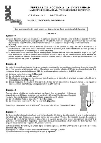 PRUEBAS DE ACCESO A LA UNIVERSIDAD MATERIAS DE MODALIDAD FASES GENERAL Y ESPECÍFICA CURSO 2014  2015 CONVOCATORIA MATERIA TECNOLOGÍA INDUSTRIAL II Los alumnos deberán elegir una de las dos opciones Cada ejercicio vale 25 puntos Ejercicio 1 OPCIÓN A a En un determinado proceso industrial se le aplica un esfuerzo de tracción a una probeta de sección 80 mm2 y longitud 100 mm tras lo cual se alarga hasta los 101235 mm Teniendo en cuenta que el módulo de elasticidad del material es de 0220 MNmm2  de…