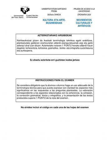 Examen de Movimientos Culturales y Artísticos (EAU de 2025)