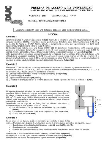 PRUEBAS DE ACCESO A LA UNIVERSIDAD MATERIAS DE MODALIDAD FASES GENERAL Y ESPECÍFICA CURSO 2015  2016 CONVOCATORIA JUNIO MATERIA TECNOLOGÍA INDUSTRIAL II Los alumnos deberán elegir una de las dos opciones Cada ejercicio vale 25 puntos Ejercicio 1 OPCIÓN A a El límite elástico de una barra de acero es de 6250 Kpcm2 En la cubierta de una nave industrial se la somete a una carga de tracción de 9000 Kp Teniendo en cuenta que la longitud de la barra es de 650 mm el diámetro de 40 mm y su módulo de Yo…