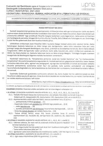 Examen de Lengua Vasca y Literatura (EvAU de 2022)