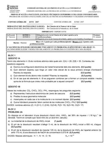 Examen de Química (selectividad de 2007)