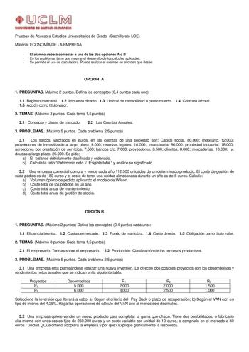 un1YlllllOAD Dl AmlAul IIIAnOtA Pruebas de Acceso a Estudios Universitarios de Grado Bachillerato LOE Materia ECONOMÍA DE LA EMPRESA  El alumno deberá contestar a una de las dos opciones A o B  En los problemas tiene que mostrar el desarrollo de los cálculos aplicados  Se permite el uso de calculadora Puede realizar el examen en el orden que desee OPCIÓN A 1 PREGUNTAS Máximo 2 puntos Defina los conceptos 04 puntos cada uno 11 Registro mercantil 12 Impuesto directo 13 Umbral de rentabilidad o pu…