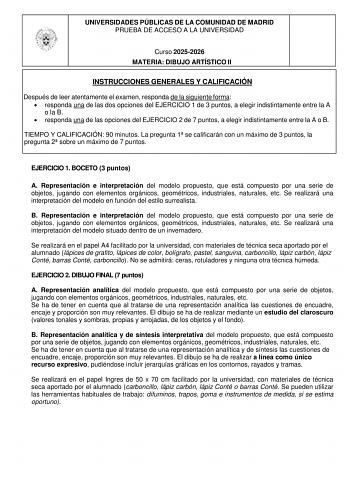 Dibujo Artístico II – EvAU Comunidad de Madrid (2026)