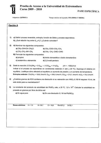 Examen de Química (PAU de 2010)