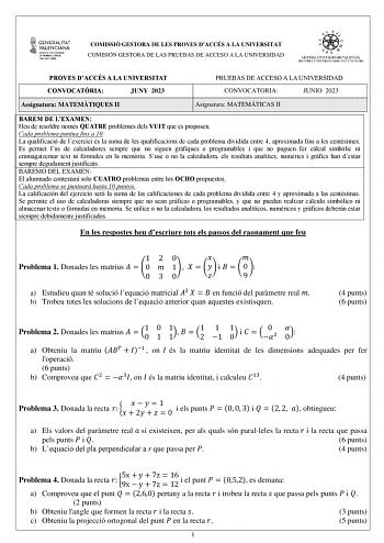 COMISSIÓ GESTORA DE LES PROVES DACCÉS A LA UNIVERSITAT COMISIÓN GESTORA DE LAS PRUEBAS DE ACCESO A LA UNIVERSIDAD PROVES DACCÉS A LA UNIVERSITAT CONVOCATRIA JUNY 2023 Assignatura MATEMTIQUES II PRUEBAS DE ACCESO A LA UNIVERSIDAD CONVOCATORIA JUNIO 2023 Asignatura MATEMÁTICAS II BAREM DE LEXAMEN Heu de resoldre nomes QUATRE problemes dels VUIT que es proposen Cada problema puntua fins a 10 La qualificació de lexercici es la suma de les qualificacions de cada problema dividida entre 4 aproximada …