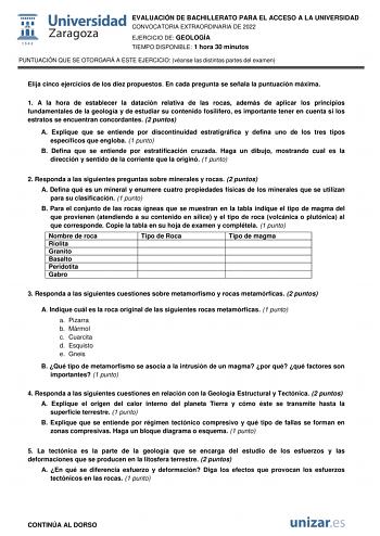 EVALUACIÓN DE BACHILLERATO PARA EL ACCESO A LA UNIVERSIDAD CONVOCATORIA EXTRAORDINARIA DE 2022 EJERCICIO DE GEOLOGÍA TIEMPO DISPONIBLE 1 hora 30 minutos PUNTUACIÓN QUE SE OTORGARÁ A ESTE EJERCICIO véanse las distintas partes del examen Elija cinco ejercicios de los diez propuestos En cada pregunta se señala la puntuación máxima 1 A la hora de establecer la datación relativa de las rocas además de aplicar los principios fundamentales de la geología y de estudiar su contenido fosilífero es import…