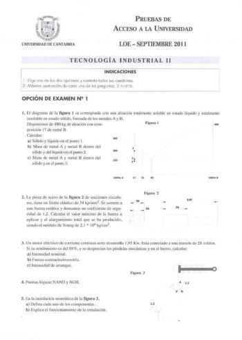 PRUEBAS DE ACCESO A LA UNIVERSIDAD LOE  SEPTIEMBRE 2011 TECNOLOGÍA INDUSTRIAL 11 INDICACIONES 1 Elge uc ce los dos cpcones y contesto ledos sus cuestiones 2 lAóximo ountoción de cado no de los pregunlos 2 lJFOS  OPCIÓN DE EXAMEN N 1 l El diagrama de la figura I se coesponde con un al  1ción total mente soluble en estado líquido y totalmente insol uble en estado sólido folmada de los rnc11les Ay B Disponemos de 480 kg de aleación con com Figura 1  posición 17 de metal B  Calcular 365 a SSlido y …