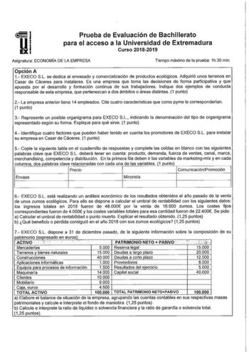 I UEXI Prueba de Evaluación de Bachillerato para el acceso a la Universidad de Extremadura Curso 20182019 Asignatura ECONOMÍA DE LA EMPRESA Tiempo máximo de la prueba 1h30 min Opción A 1 EXECO SL se dedica al envasado y comercialización de productos ecológicos Adquirió unos terrenos en Casar de Cáceres para instalarse Es una empresa que toma las decisiones de forma participativa y que apuesta por el desarrollo y formación continua de sus trabajadores Indique dos ejemplos de conducta responsable…