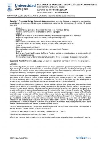 EVALUACIÓN DE BACHILLERATO PARA EL ACCESO A LA UNIVERSIDAD CONVOCATORIA ORDINARIA DE 2021 EJERCICIO DE HISTORIA DE ESPAÑA TIEMPO DISPONIBLE 1 hora 30 minutos PUNTUACIÓN QUE SE OTORGARÁ A ESTE EJERCICIO véanse las distintas partes del examen Cuestión 1 Preguntas Cortas Desarrolla dos preguntas de entre las diez que se proponen a continuación agrupadas en cinco grupos No se puede contestar dos preguntas del mismo grupo 3 puntos 15 puntos cada una Grupo 1 Características generales del periodo Neol…