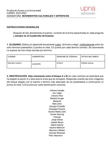 Examen de Movimientos Culturales y Artísticos (EvAU de 2025)