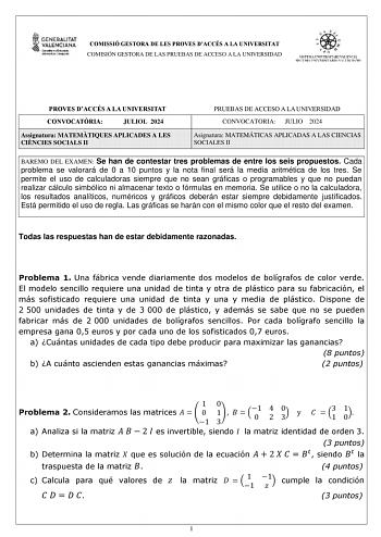Examen de Matemáticas Aplicadas a las Ciencias Sociales (PAU de 2024)
