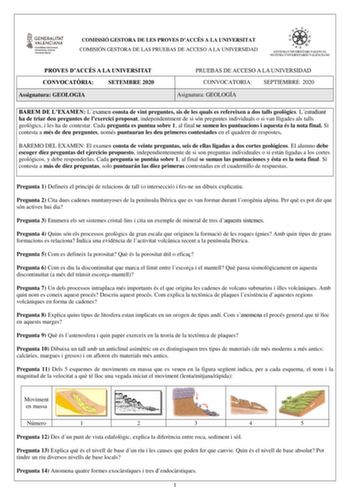 COMISSIÓ GESTORA DE LES PROVES DACCÉS A LA UNIVERSITAT COMISIÓN GESTORA DE LAS PRUEBAS DE ACCESO A LA UNIVERSIDAD PROVES DACCÉS A LA UNIVERSITAT CONVOCATRIA SETEMBRE 2020 Assignatura GEOLOGIA PRUEBAS DE ACCESO A LA UNIVERSIDAD CONVOCATORIA SEPTIEMBRE 2020 Asignatura GEOLOGÍA BAREM DE LEXAMEN Lexamen consta de vint preguntes sis de les quals es refereixen a dos talls geolgics Lestudiant ha de triar deu preguntes de lexercici proposat independentment de si són preguntes individuals o si van lliga…