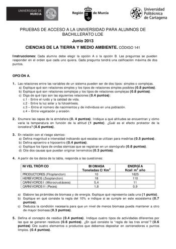 UNIVERSIDAD DE  MURCIA  Ih Región de Murcia Universidad Politécnica de Cartagena PRUEBAS DE ACCESO A LA UNIVERSIDAD PARA ALUMNOS DE BACHILLERATO LOE Junio 2013 CIENCIAS DE LA TIERRA Y MEDIO AMBIENTE CÓDIGO 141 Instrucciones Cada alumno debe elegir la opción A o la opción B Las preguntas se pueden responder en el orden que cada uno quiera Cada pregunta tendrá una calificación máxima de dos puntos OPCIÓN A 1 Las relaciones entre las variables de un sistema pueden ser de dos tipos simples o comple…