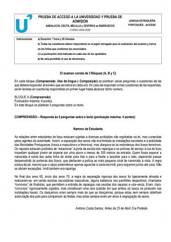 Examen de Portugués (PEvAU de 2025)