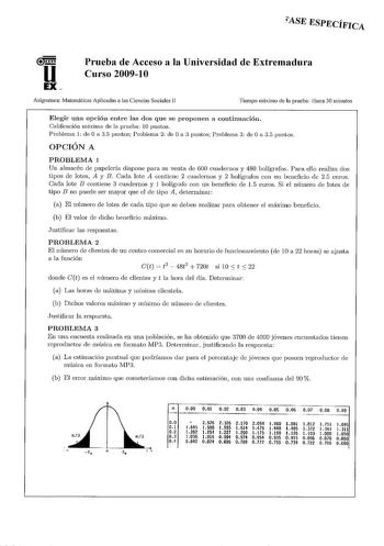 Examen de Matemáticas Aplicadas a las Ciencias Sociales (PAU de 2010)