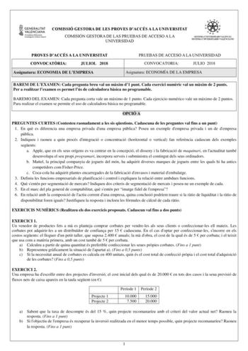 Examen de Economía de la Empresa (PAU de 2018)
