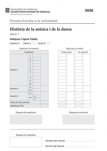 Historia de la Música y de la Danza – PAU Cataluña (2026)