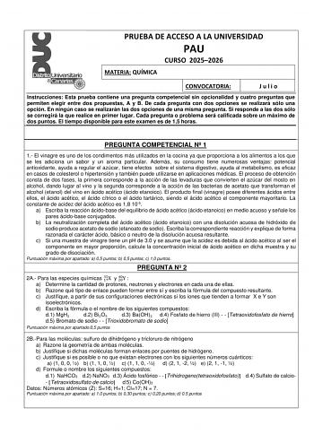 Química – EBAU Islas Canarias (2026)