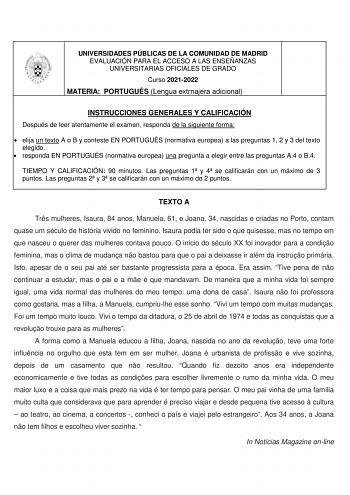 Examen de Portugués (EvAU de 2022)