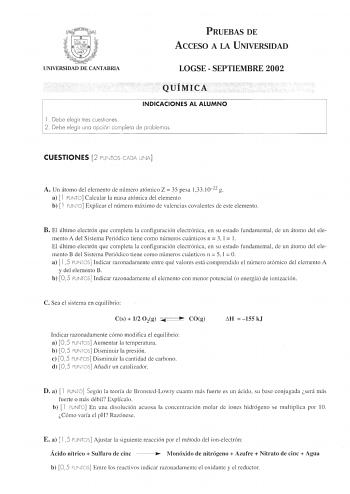 Examen de Química (selectividad de 2002)