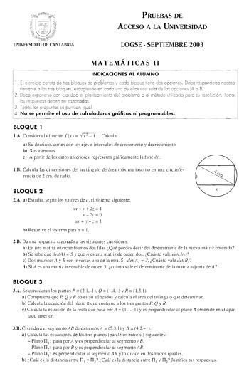 Examen de Matemáticas II (selectividad de 2003)