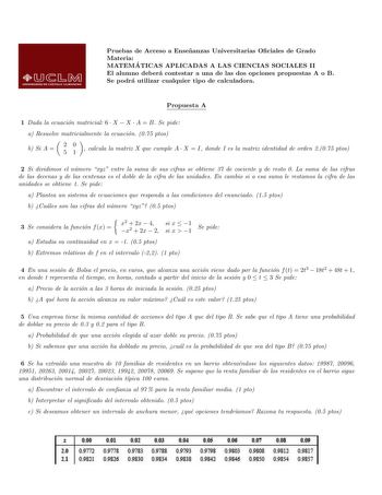 Pruebas de Acceso a Ensenanzas Universitarias Ociales de Grado Materia MATEMA TICAS APLICADAS A LAS CIENCIAS SOCIALES II El alumno debera contestar a una de las dos opciones propuestas A o B Se podra utilizar cualquier tipo de calculadora Propuesta A 1 Dada la ecuacion matricial 6  X  X  A  B Se pide a Resuelve matricialmente la ecuacion 075 ptos b Si A  20 51  calcula la matriz X que cumple A  X  I donde I es la matriz identidad de orden 2075 ptos 2 Si dividimos el numero xyz entre la suma de …