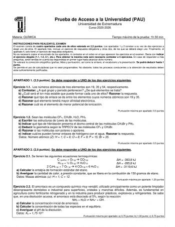 Química – EBAU Extremadura (2026)