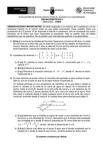 Examen de Matemáticas II (EBAU de 2022)