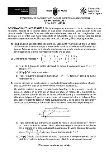 EVALUACIÓN DE BACHILLERATO PARA EL ACCESO A LA UNIVERSIDAD 206MATEMÁTICAS II EBAU2022  JUNIO OBSERVACIONES IMPORTANTES Se debe responder a un máximo de 4 cuestiones y no es necesario hacerlo en el mismo orden en que están enunciadas Cada cuestión tiene una puntuación de 25 puntos Si se responde a más de 4 cuestiones sólo se corregirán las cuatro primeras en el orden que haya respondido el estudiante Solo se podrán usar las tablas eJsUtaNdIíOsticas que se adjuntan No se podrán usar calculadoras …