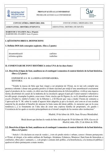 Historia de España – PAU Comunidad Valenciana (2026)