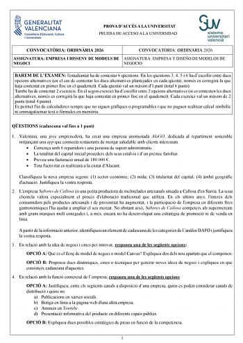 Empresa y Diseño de Modelos de Negocio – PAU Comunidad Valenciana (2026)