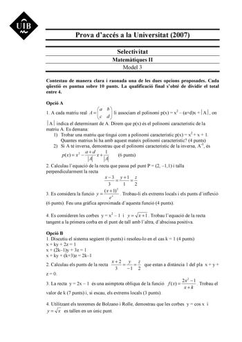 Examen de Matemáticas II (selectividad de 2007)