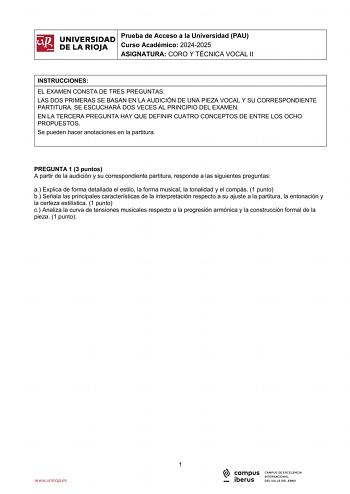 Examen de Coro y Técnica Vocal (EBAU de 2025)
